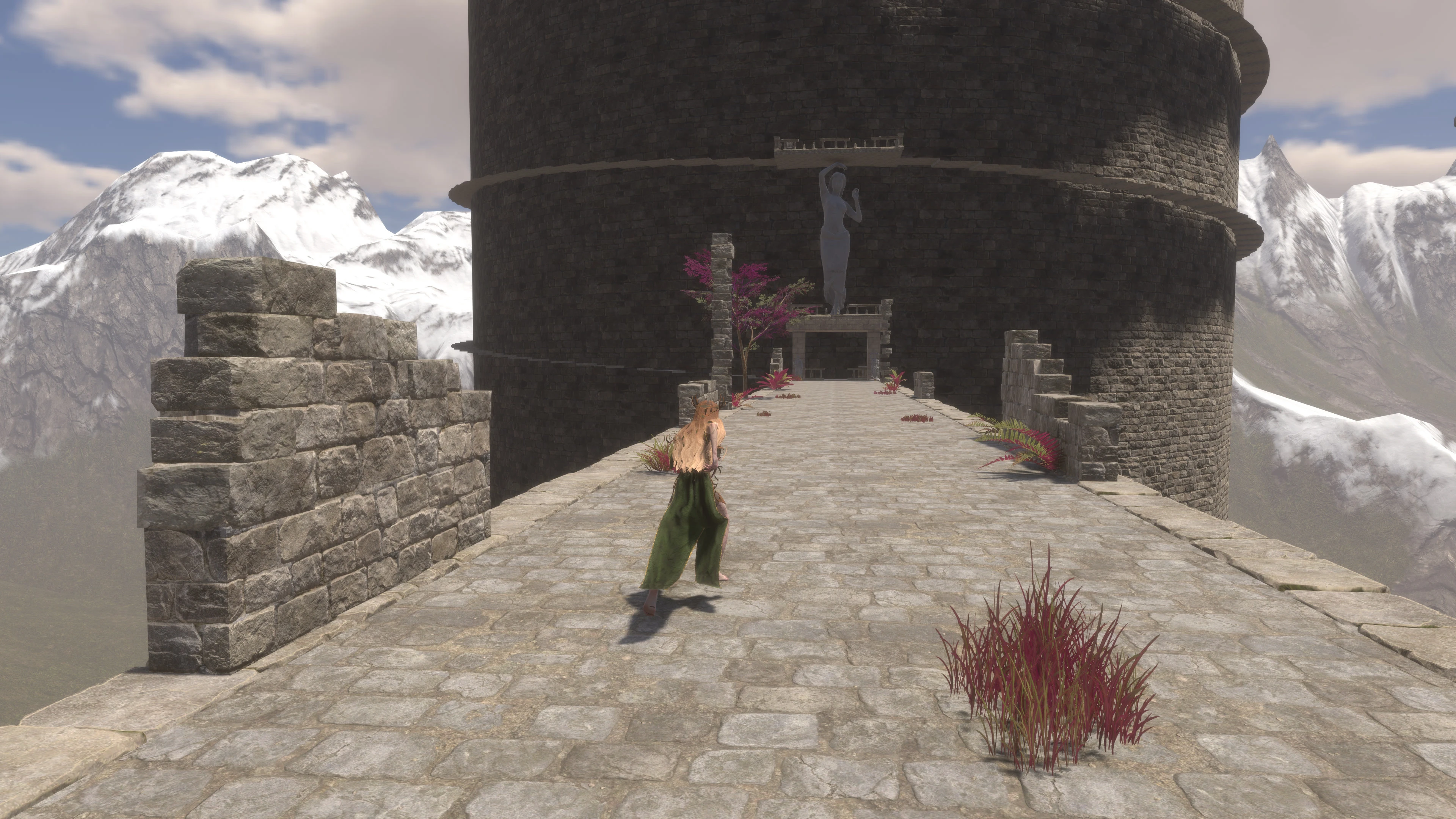 Running across the bridge between two towers