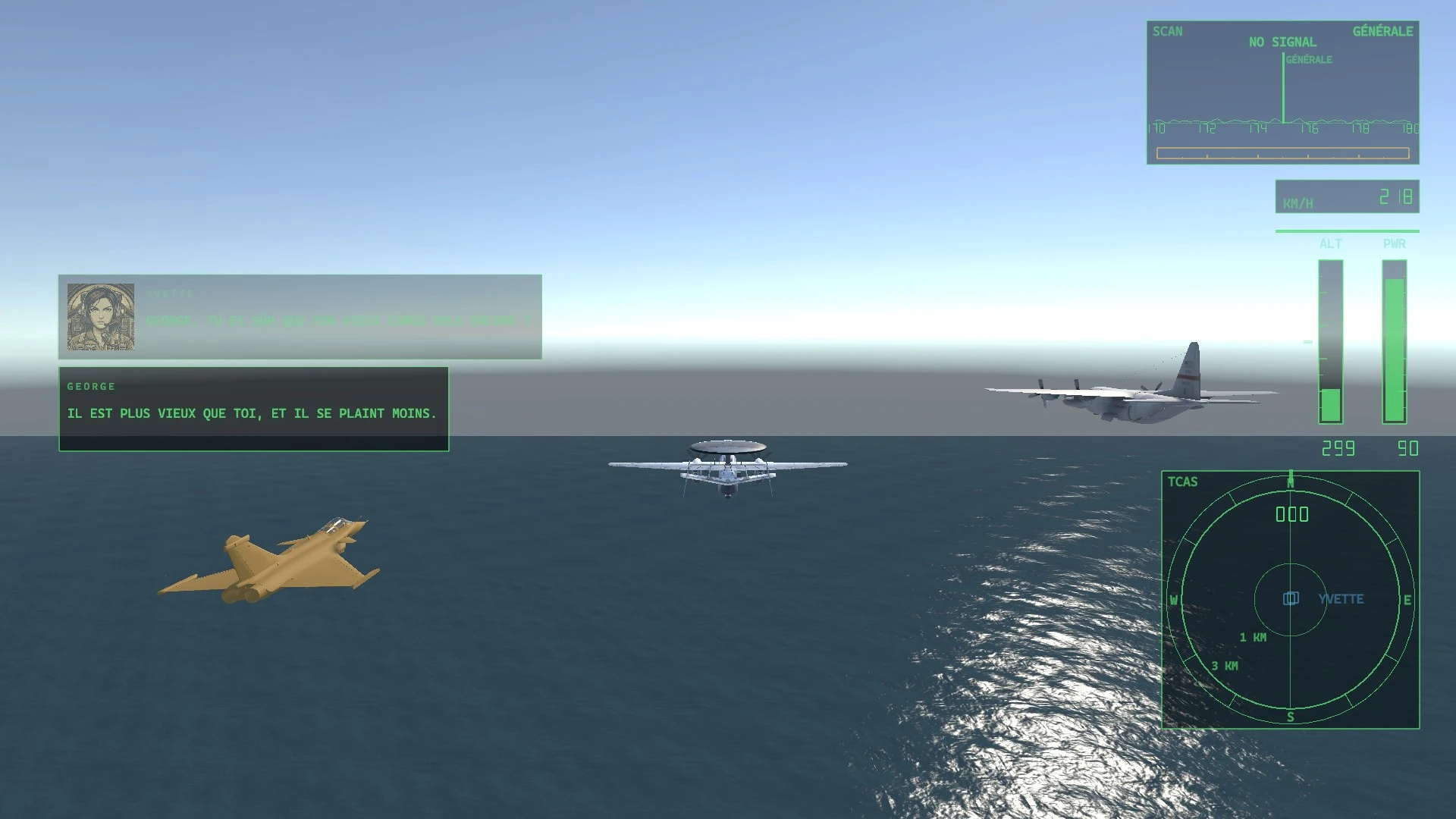 Flying over the sea, Yvette talking on the radio