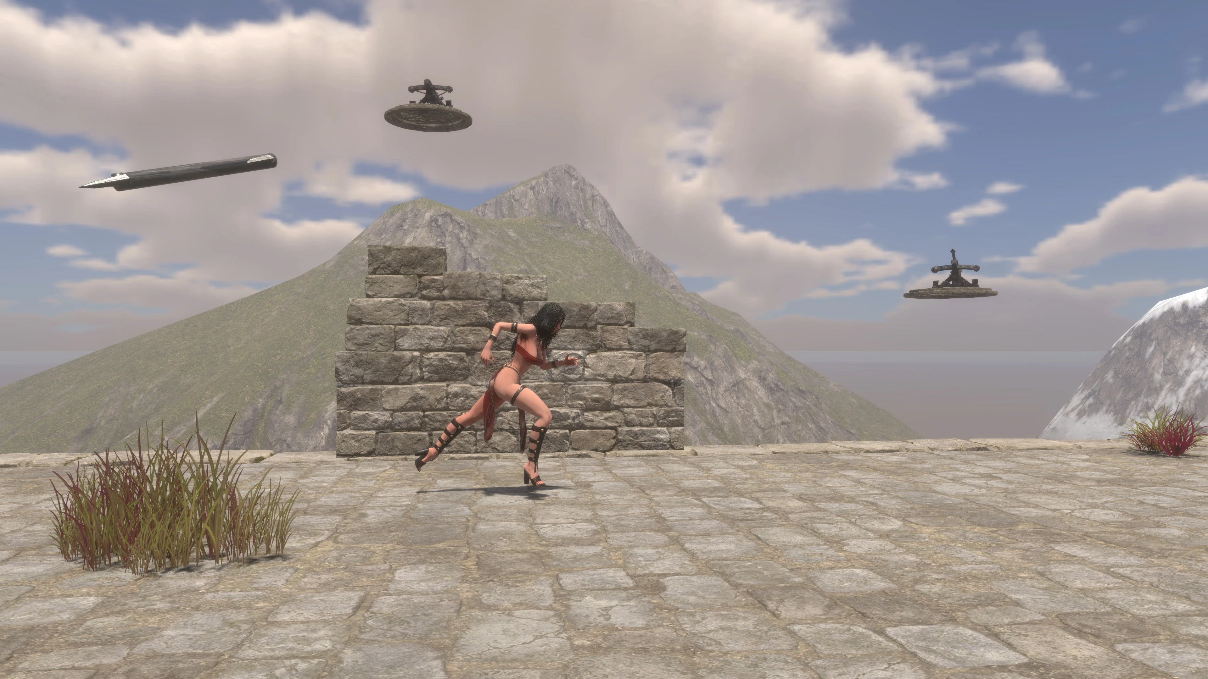 An adventurer runs under ballista fire