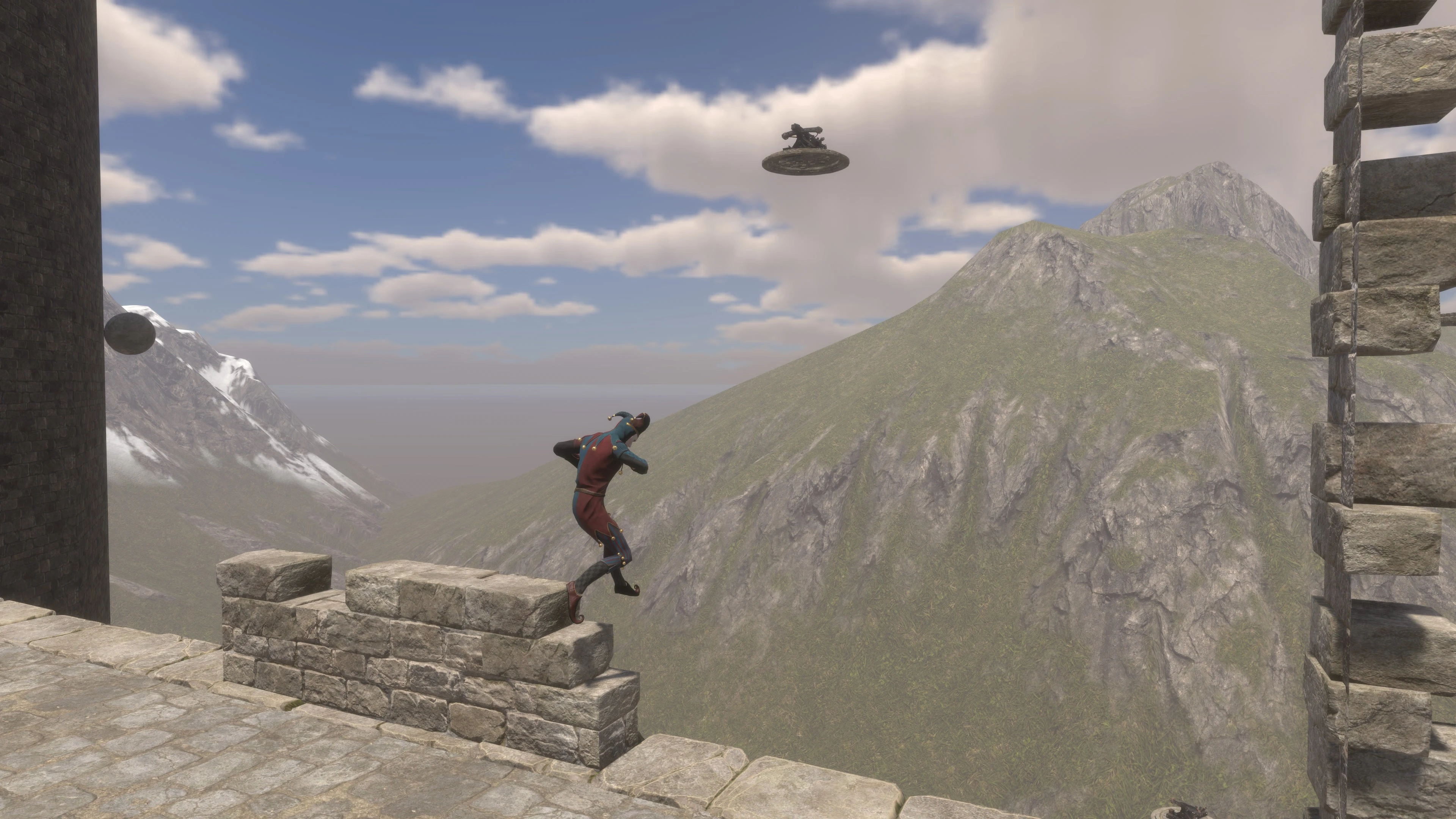 An adventurer jumps between rotating platforms above the mountains