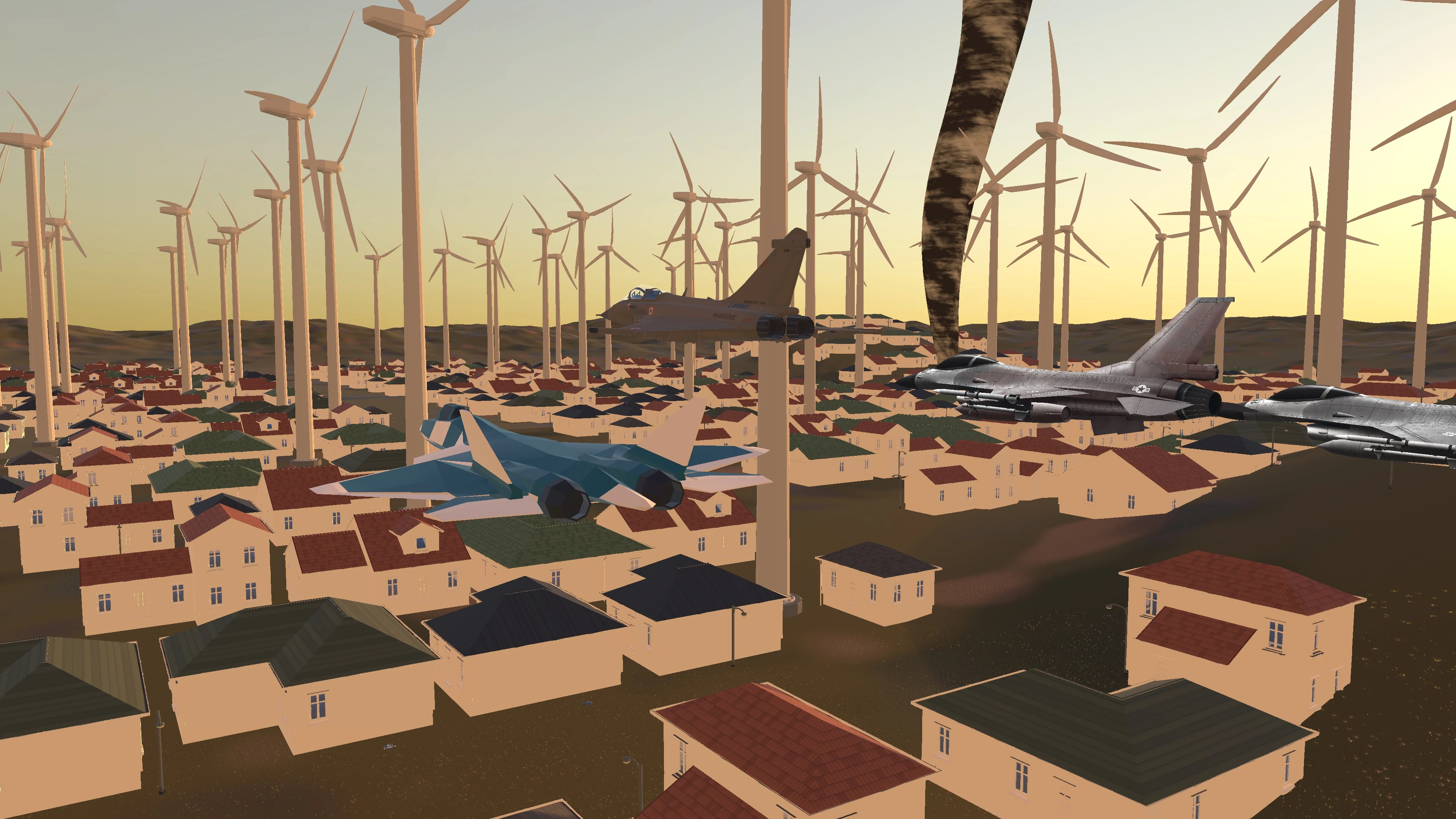 A squadron crosses a wind farm swept by tornadoes