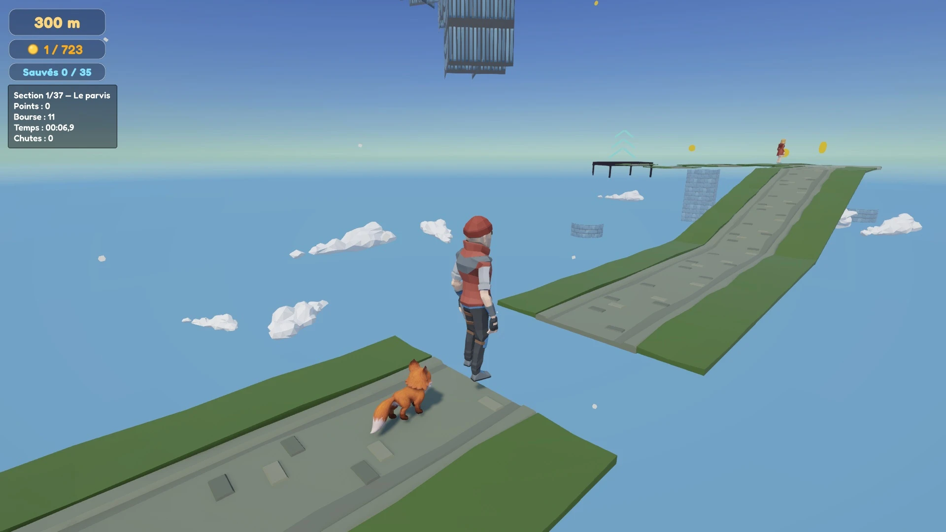 A suspended path above the clouds, the fox leading the way