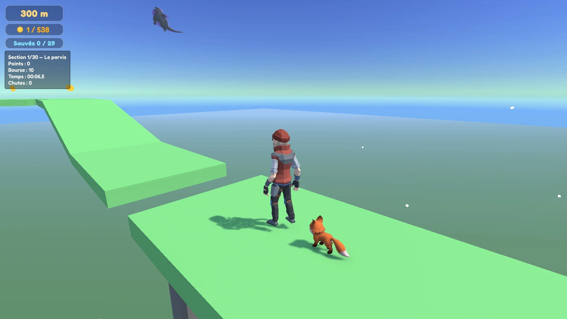 A climber and his fox on a green suspended path