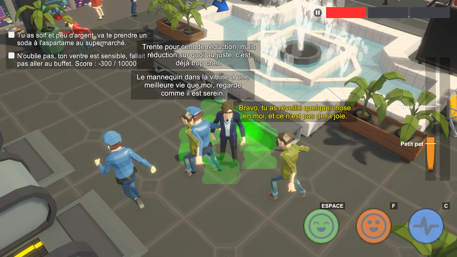 The crowded mall, a green cloud by the fountain